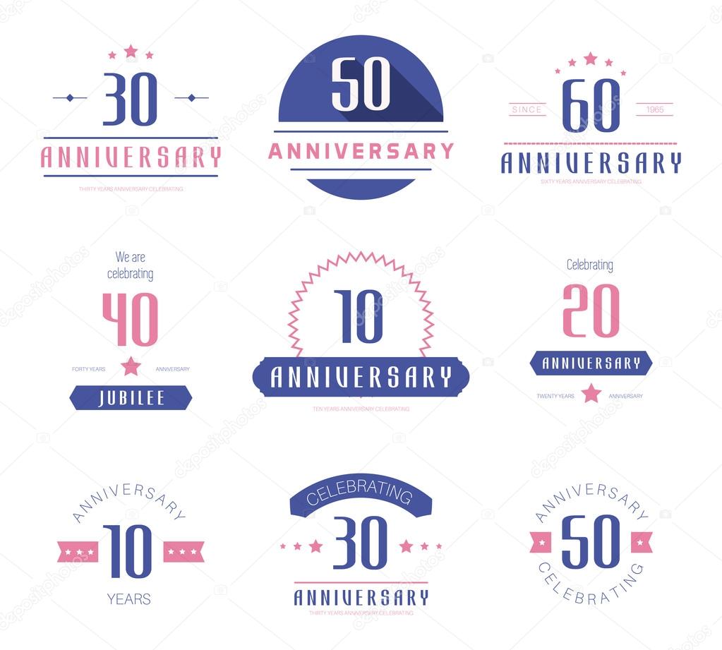 Vector set of anniversary signs, symbols. Ten, twenty, thirty, forty, fifty, sixty years jubilee design elements collection.