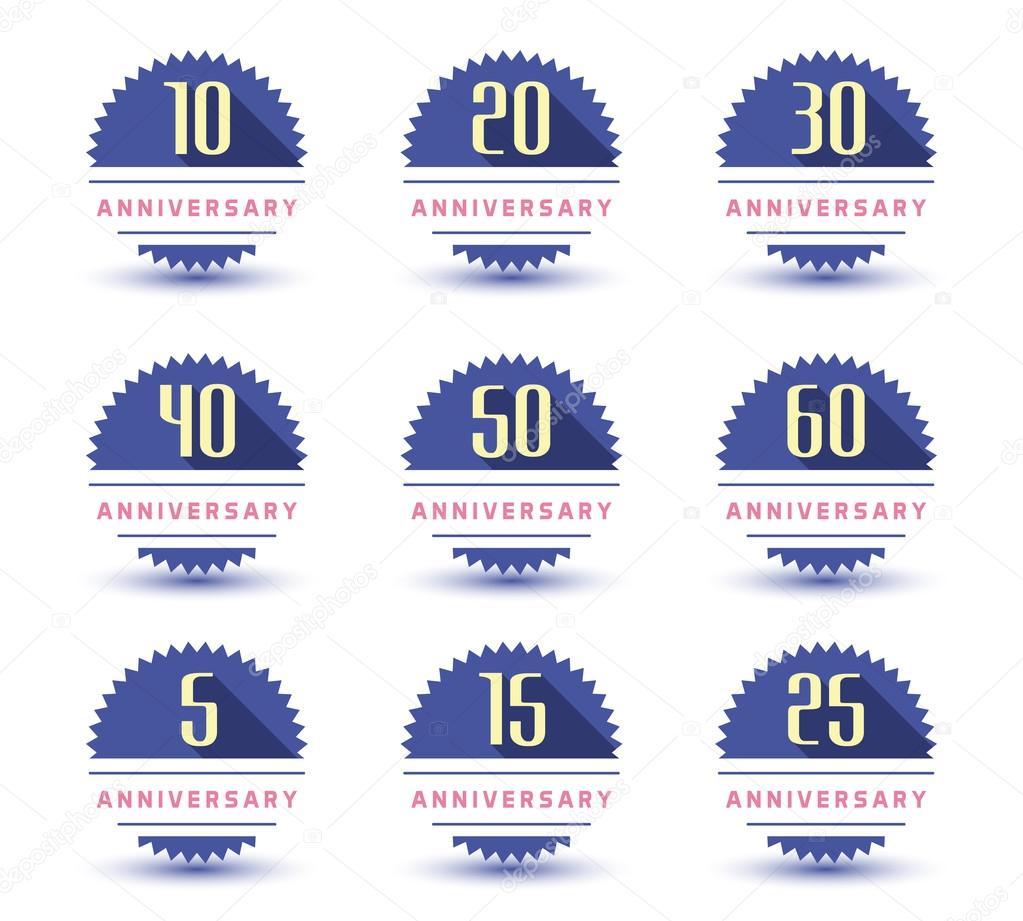 Vector set of anniversary signs, symbols. Five, ten, fifteen, twenty, thirty, forty, fifty years jubilee design elements collection.