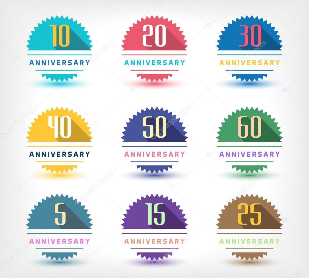 Vector set of anniversary signs, symbols. Five, ten, fifteen, twenty, thirty, forty, fifty years jubilee design elements collection.