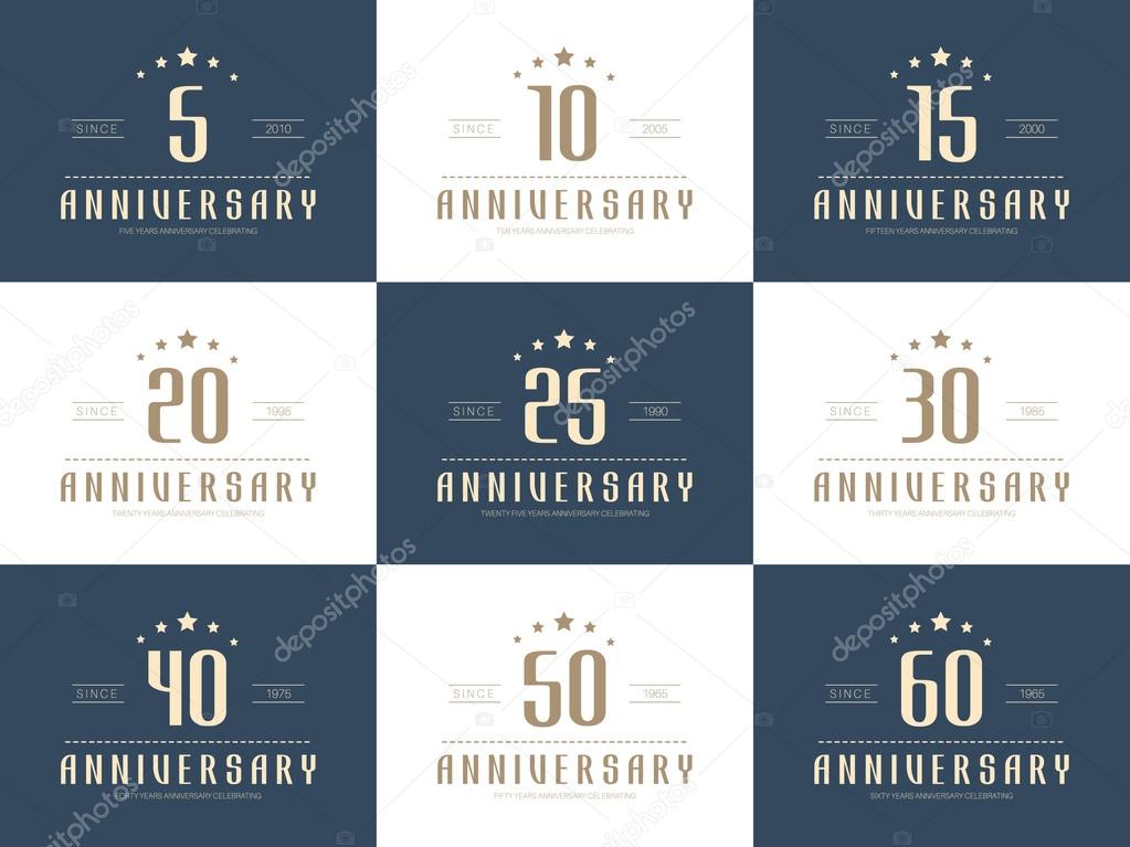 Vector set of anniversary signs, symbols. Five, ten, fifteen, twenty, thirty, forty, fifty, sixty years jubilee design elements collection.