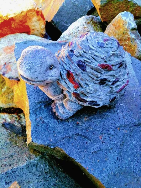 Симпатичная Статуэтка Каменная Статуэтка Пятнистой Улыбающейся Черепахи Базальтовых Камнях Отражающих — стоковое фото