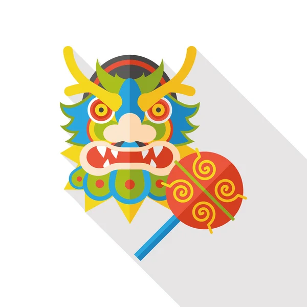 Año Nuevo chino dragón y león cabeza de baile icono plano — Vector de stock