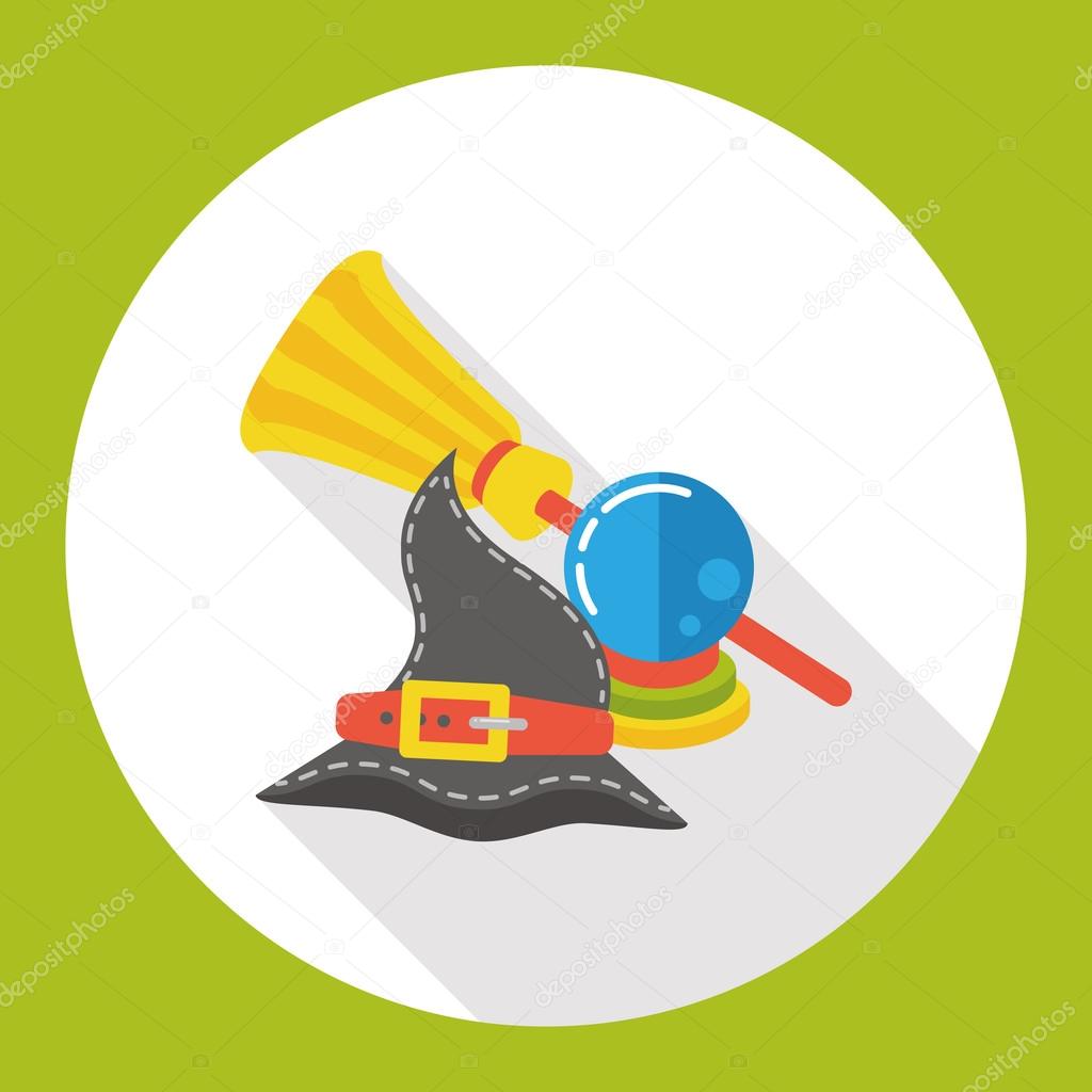 halloween witch hat, crystal ball and broom flat icon