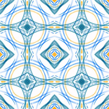 Elle çizilmiş renkli geometrik, simetrik dikişsiz desen. Soyut desenli arka plan. İzler, kapaklar, kumaş, tekstil ve ambalaj kağıtları için tasarım.