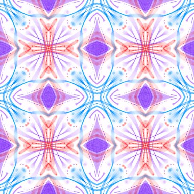 Elle çizilmiş renkli geometrik, simetrik dikişsiz desen. Soyut desenli arka plan. İzler, kapaklar, kumaş, tekstil ve ambalaj kağıtları için tasarım.