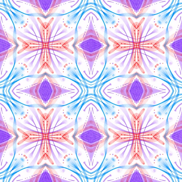 Elle çizilmiş renkli geometrik, simetrik dikişsiz desen. Soyut desenli arka plan. İzler, kapaklar, kumaş, tekstil ve ambalaj kağıtları için tasarım.