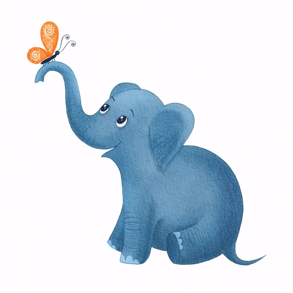 Cute blue baby elephant looking at a butterfly. Cartoon character.