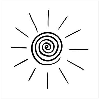 Güneş, izole edilmiş basit el beyaz arkaplana siyah-beyaz vektör çizimi