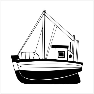 Balıkçı teknesi, el çizimi vektör çizimi siyah beyaz
