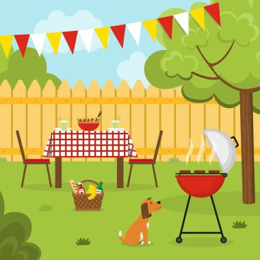 Arka bahçede barbekü partisi. Bahçede akşam yemeği.