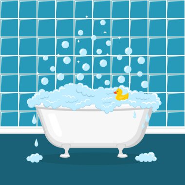 Köpüklü, köpüklü ve sarı ördekli beyaz küvet.