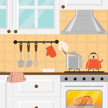 Sıcak mutfak, beyaz mobilyalar, tencere, ocakta ıslık çalmak ve fırında tavuk. Mutfağın içi. Düz vektör illüstrasyonu. 