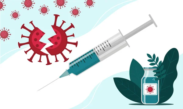 Defeated coronavirus, vaccine bottle and syringe — Stockový vektor