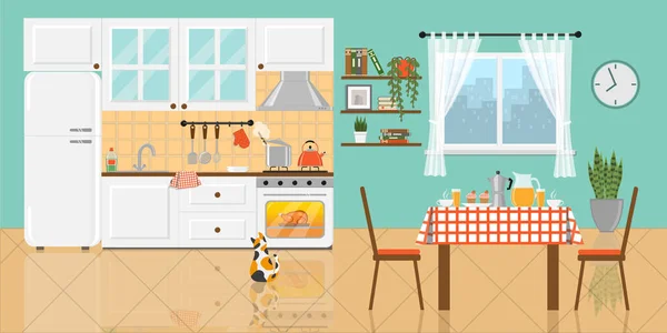 Cozinha com mobiliário branco, mesa e janela — Vetor de Stock