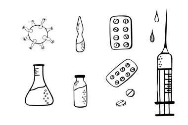 Şırınga, virüs, matara, şişe, su toplaması, yuvarlak hap ve damlalarla hazırlanmış.