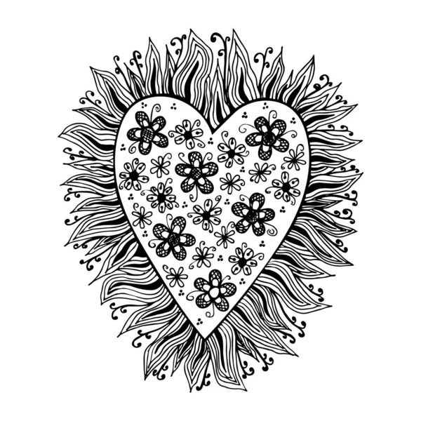 Saint Valentine gratulationskort, Handritad vektor svart och vitt hjärta — Stock vektor