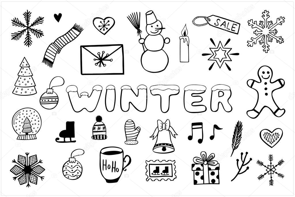 Winter illustrations in black and white, set of simple hand drawn vector drawings in doodle style