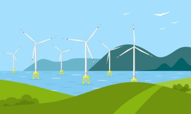 Denizdeki yel değirmenli pankart. Offshore rüzgar çiftliği