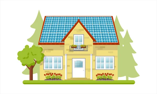 Casa de campo con paneles solares en el techo — Vector de stock