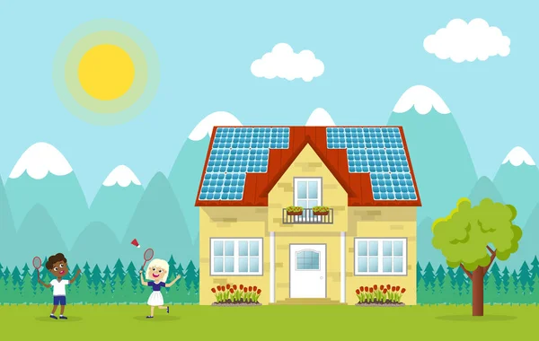 Paisaje con casa con paneles solares en el techo — Vector de stock
