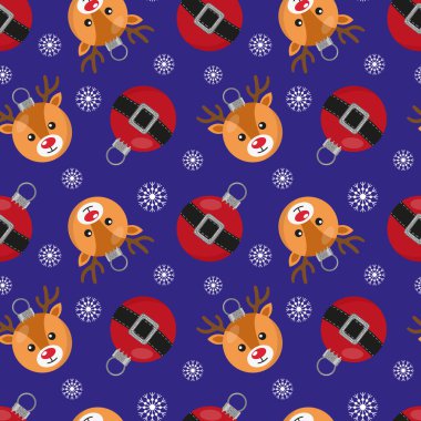 Güzel Noel ağacı topları olan kusursuz bir desen. Geleneksel takılar ve mavi arka planda kar taneleri olan kağıt tasarımı. Düz vektör illüstrasyonu. 