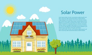 Çatıda güneş panelleri olan bir kır evi olan dağ manzarası. Çatıda fotovoltaik paneller olan bir ev. Güneş enerjisi kavramı. Yatay pankart şablonu. Düz vektör illüstrasyonu.