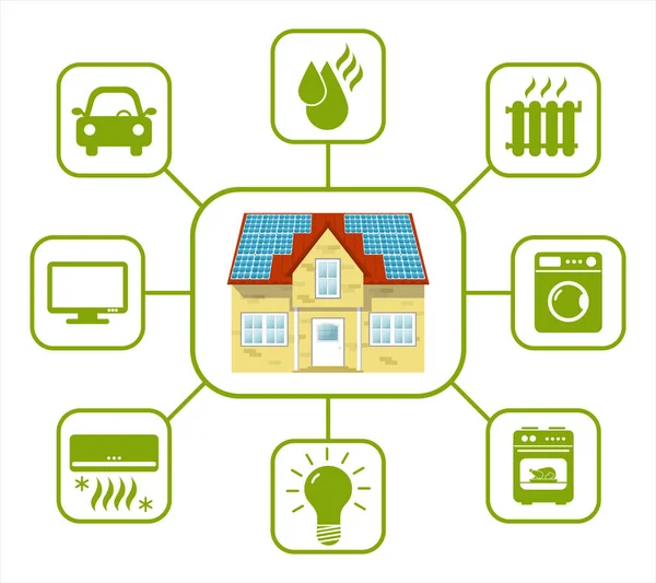 Maison Avec Panneaux Solaires Sur Toit Infographie Consommation Énergie Solaire — Image vectorielle