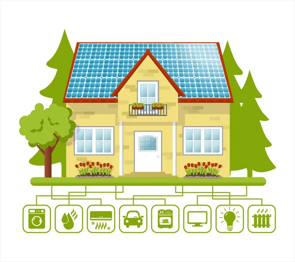 屋顶上有太阳能电池板的房子和使用太阳能的信息图 屋顶上有光伏面板的孤零零的房子 绿色能源概念 太阳能的概念 平面矢量图解 — 图库矢量图片