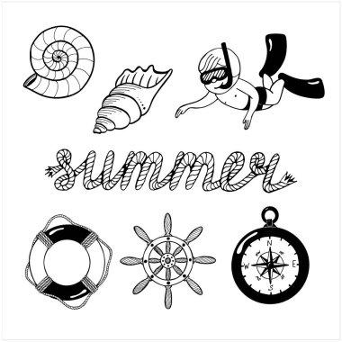 El çizimi vektör illüstrasyonunun siyah ve beyaz hali. Dalgıçla, deniz kabuklarıyla, hayat halkasıyla, gemi dümeniyle ve yazlık Summer ile deniz tırmanışı.