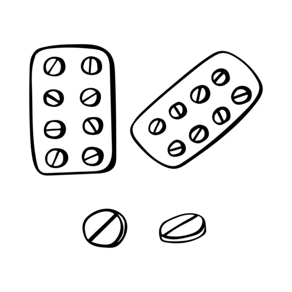 Einfache Handgezeichnete Vektorillustration Blister Und Runde Pillen Schwarz Weiß Zeichnung — Stockvektor