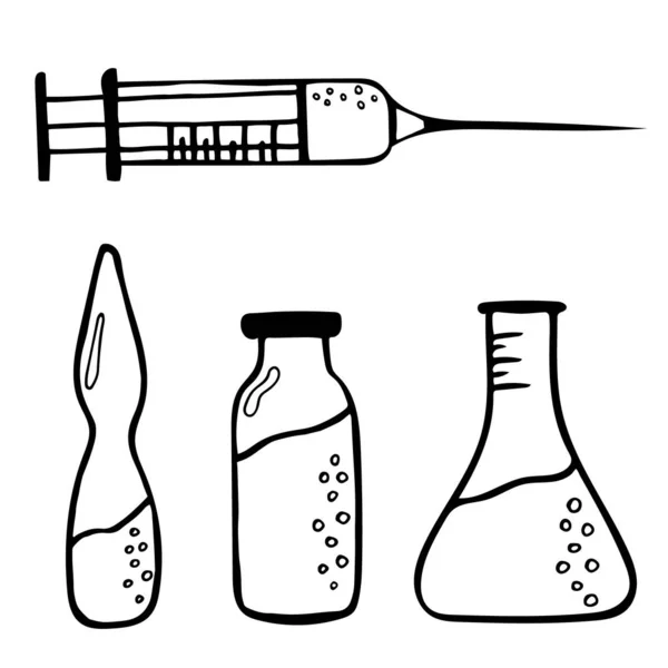 Conjunto Vetorial Simples Desenhado Mão Ilustrações Seringa Frasco Frascos Para —  Vetores de Stock