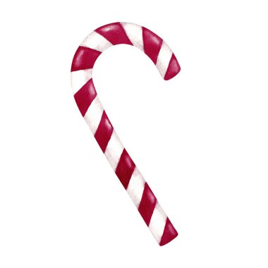 Beyaz ve kırmızı çizgili şeker kamışı. Geleneksel Noel tatlısı. Beyaz arkaplanda elle boyanmış suluboya resim