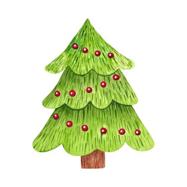Kırmızı çelenkli Noel ağacı. Beyaz arkaplanda elle boyanmış suluboya resimler