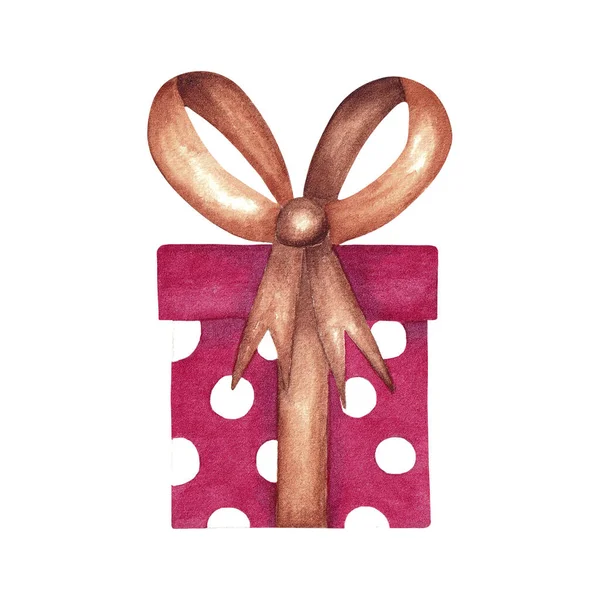 Wrapped Gift Box Brown Ribbon Red Spotted Square Box Bow — Foto Stock