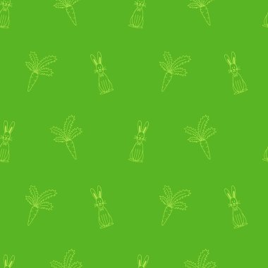 Yeşil arka planda tavşan ve havuç desenleri var. Albüm kağıdı, ambalaj kağıdı, kumaş, tekstil tasarımları..