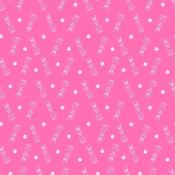 Tavşanlı kusursuz desen ve pembe arka planda çiçekler. Albüm kağıdı, ambalaj kağıdı, kumaş, tekstil tasarımları..