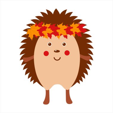 Sonbahar yapraklı şirin kirpi, sevimli vahşi hayvan, komik kirpi, beyaz arka planda izole edilmiş düz vektör çizimi.