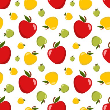 Renkli elmalarla kusursuz desen. Beyaz arkaplanda düz vektör illüstrasyonu