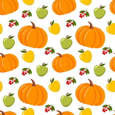 Balkabakları, elmalar ve böğürtlenlerle kusursuz desen. Beyaz arkaplanda düz vektör illüstrasyonu