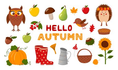 Renkli çizimler Merhaba Autumn. Typography ile sonbahar koleksiyonu. Sonbahar seti. Beyaz arkaplanda izole edilmiş düz vektör çizimleri