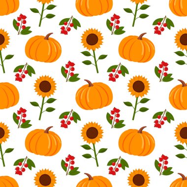 Kabak, ayçiçeği ve böğürtlenli kusursuz desen. Beyaz arkaplanda düz vektör illüstrasyonu