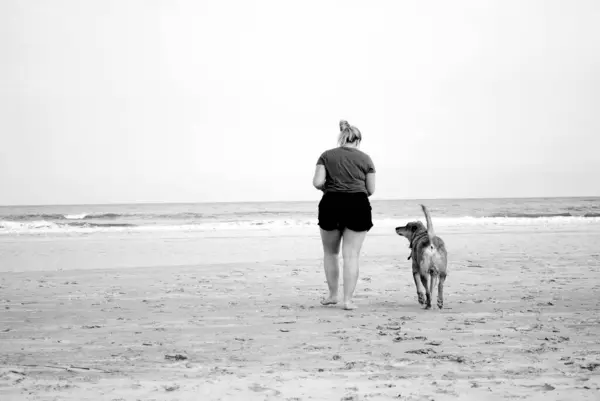 Bir kız ve köpeği sahilde