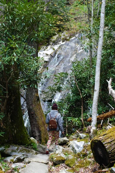 Caminhante Aproximando Uma Cachoeira — Fotografia de Stock