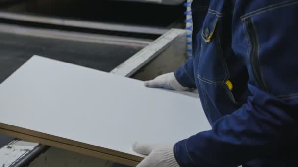 Trabajador pone una madera contrachapada en la mesa de la máquina a presión — Vídeo de stock