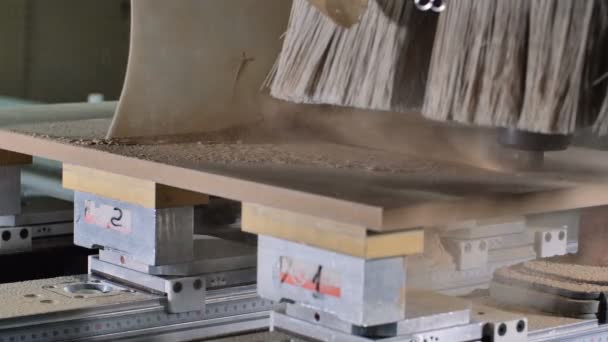Timelapse da máquina de corte de madeira de moagem. Avanço rápido de ranhuras de moagem, superfícies curvas e perfurar todos os furos necessários para os pedaços de madeira — Vídeo de Stock