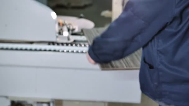 Worker puts a plywood to the edge banding machine — Stock Video