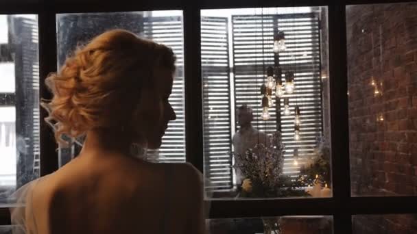 Achterkant van de bruid en een silhouet van haar bruidegom. Inspiratie schot — Stockvideo