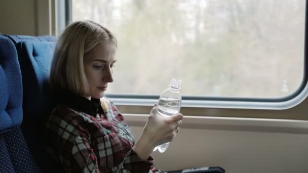 Jonge vrouw drinkwater tijdens het reizen met de trein — Stockvideo