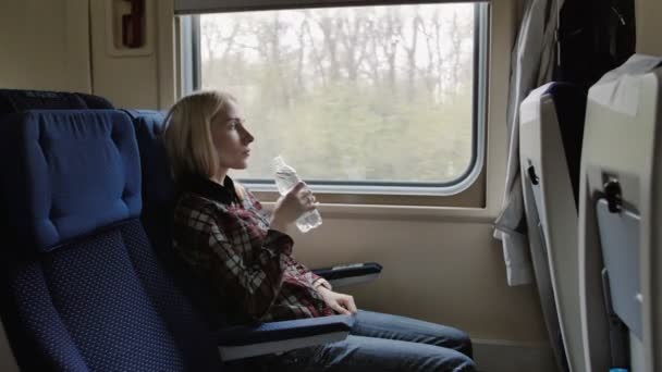 Jeune femme boire de l'eau tout en voyageant en train — Video