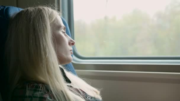 Jeune femme caucasienne regarder à travers la fenêtre tout en voyageant en train — Video